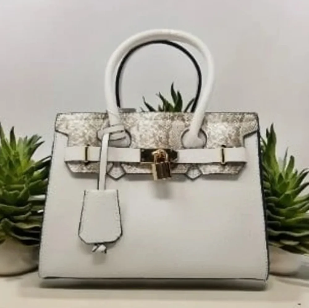 Beige Faux Snakeskin Square Crossbody Lock Charm Purse